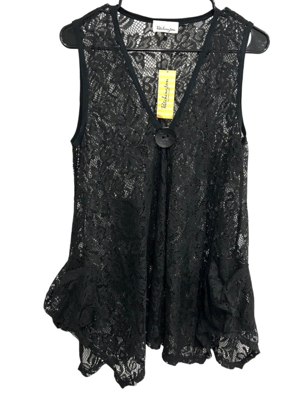 Patchington Medium Black Lace Button Detail Vest Top Romantic Goth Whimsical NWT